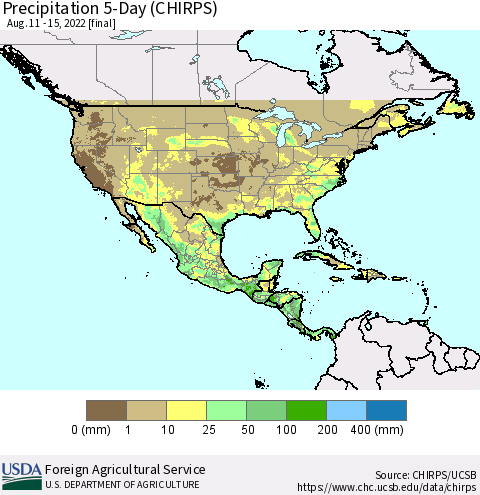 North America Precipitation 5-Day (CHIRPS) Thematic Map For 8/11/2022 - 8/15/2022