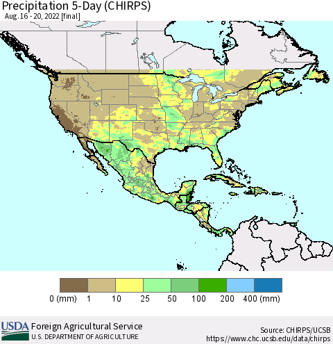 North America Precipitation 5-Day (CHIRPS) Thematic Map For 8/16/2022 - 8/20/2022