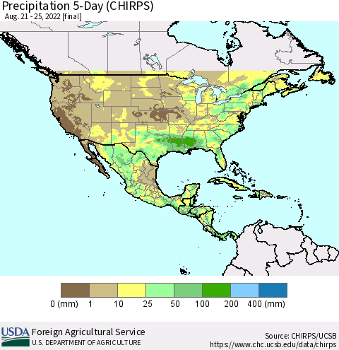 North America Precipitation 5-Day (CHIRPS) Thematic Map For 8/21/2022 - 8/25/2022