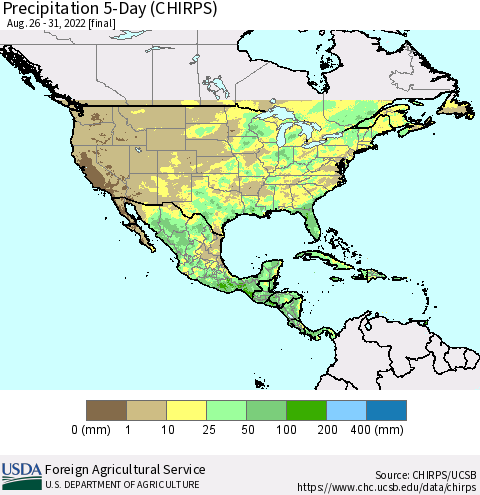North America Precipitation 5-Day (CHIRPS) Thematic Map For 8/26/2022 - 8/31/2022