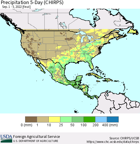 North America Precipitation 5-Day (CHIRPS) Thematic Map For 9/1/2022 - 9/5/2022