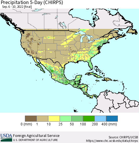 North America Precipitation 5-Day (CHIRPS) Thematic Map For 9/6/2022 - 9/10/2022