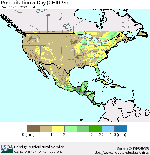 North America Precipitation 5-Day (CHIRPS) Thematic Map For 9/11/2022 - 9/15/2022