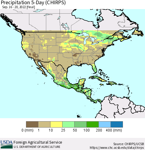 North America Precipitation 5-Day (CHIRPS) Thematic Map For 9/16/2022 - 9/20/2022
