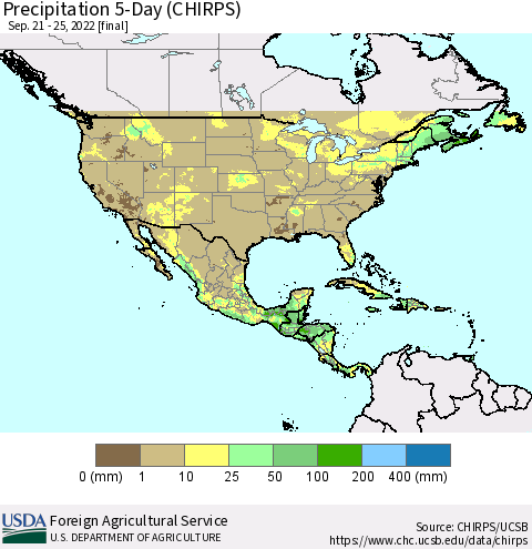 North America Precipitation 5-Day (CHIRPS) Thematic Map For 9/21/2022 - 9/25/2022