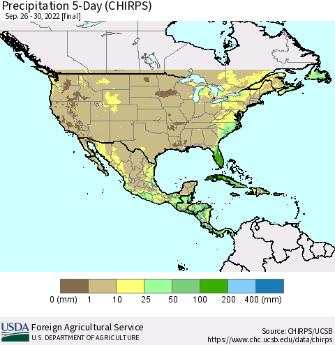 North America Precipitation 5-Day (CHIRPS) Thematic Map For 9/26/2022 - 9/30/2022