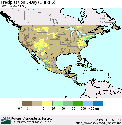 North America Precipitation 5-Day (CHIRPS) Thematic Map For 10/1/2022 - 10/5/2022