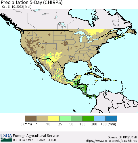 North America Precipitation 5-Day (CHIRPS) Thematic Map For 10/6/2022 - 10/10/2022