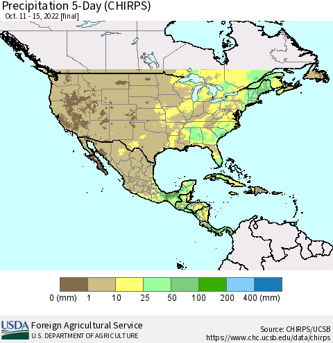 North America Precipitation 5-Day (CHIRPS) Thematic Map For 10/11/2022 - 10/15/2022