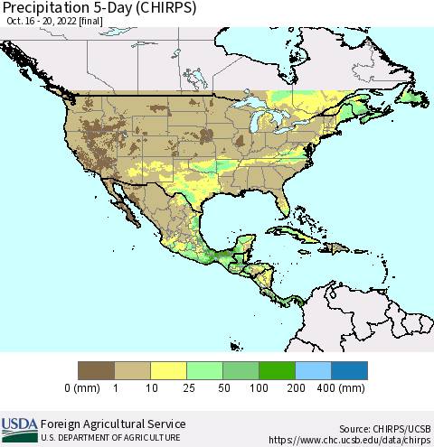 North America Precipitation 5-Day (CHIRPS) Thematic Map For 10/16/2022 - 10/20/2022