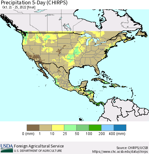 North America Precipitation 5-Day (CHIRPS) Thematic Map For 10/21/2022 - 10/25/2022