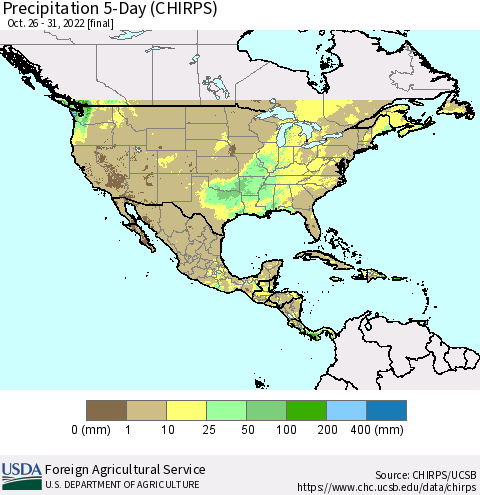 North America Precipitation 5-Day (CHIRPS) Thematic Map For 10/26/2022 - 10/31/2022