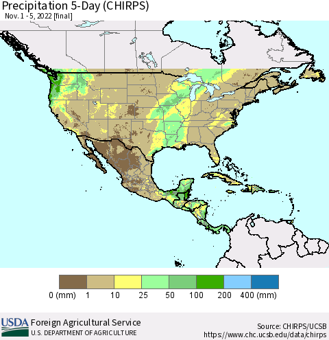 North America Precipitation 5-Day (CHIRPS) Thematic Map For 11/1/2022 - 11/5/2022
