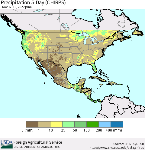 North America Precipitation 5-Day (CHIRPS) Thematic Map For 11/6/2022 - 11/10/2022