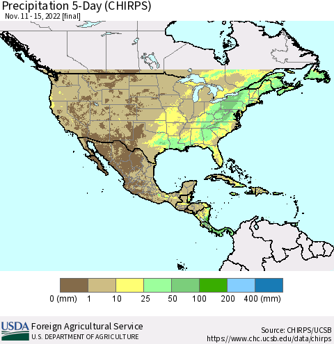 North America Precipitation 5-Day (CHIRPS) Thematic Map For 11/11/2022 - 11/15/2022