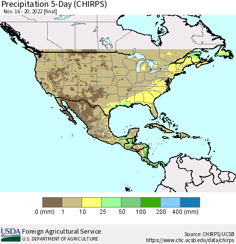 North America Precipitation 5-Day (CHIRPS) Thematic Map For 11/16/2022 - 11/20/2022
