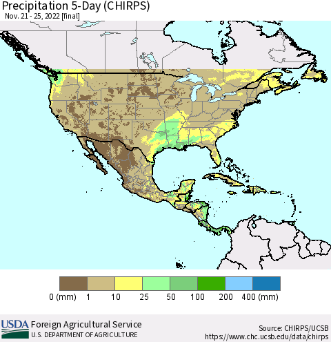 North America Precipitation 5-Day (CHIRPS) Thematic Map For 11/21/2022 - 11/25/2022