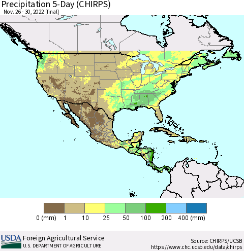 North America Precipitation 5-Day (CHIRPS) Thematic Map For 11/26/2022 - 11/30/2022