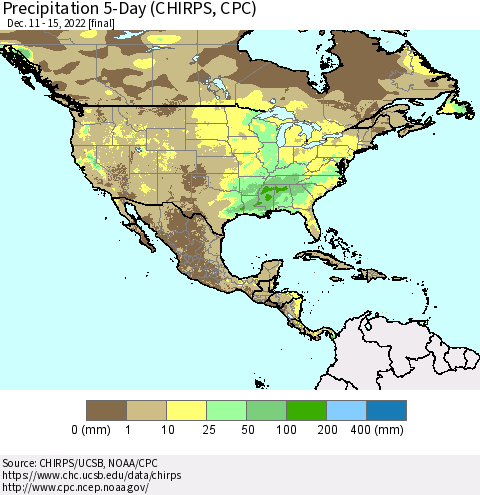 North America Precipitation 5-Day (CHIRPS) Thematic Map For 12/11/2022 - 12/15/2022