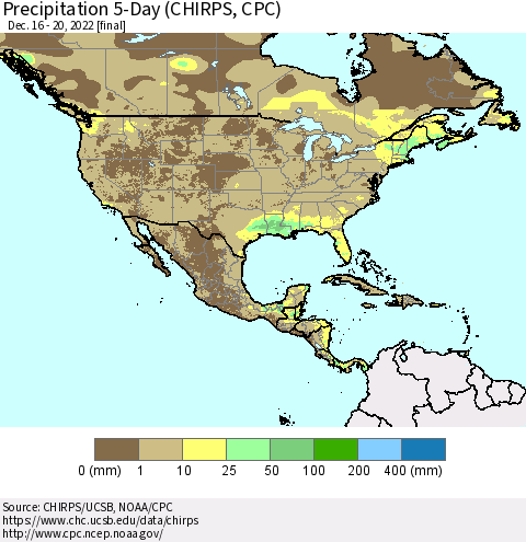 North America Precipitation 5-Day (CHIRPS) Thematic Map For 12/16/2022 - 12/20/2022
