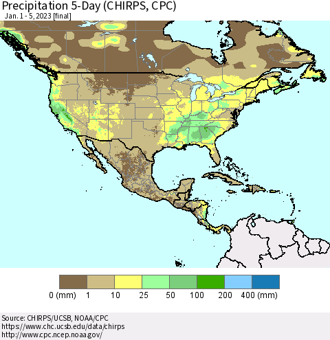North America Precipitation 5-Day (CHIRPS) Thematic Map For 1/1/2023 - 1/5/2023