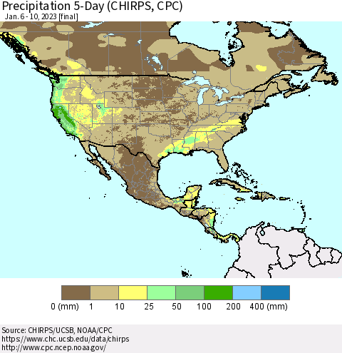 North America Precipitation 5-Day (CHIRPS) Thematic Map For 1/6/2023 - 1/10/2023