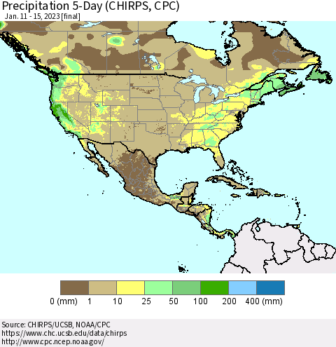 North America Precipitation 5-Day (CHIRPS) Thematic Map For 1/11/2023 - 1/15/2023