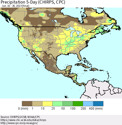 North America Precipitation 5-Day (CHIRPS) Thematic Map For 1/16/2023 - 1/20/2023