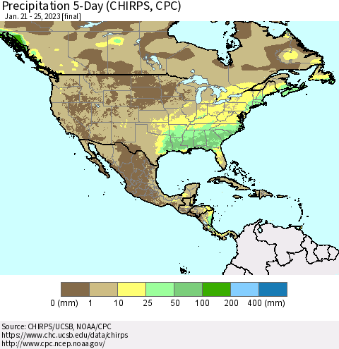 North America Precipitation 5-Day (CHIRPS) Thematic Map For 1/21/2023 - 1/25/2023