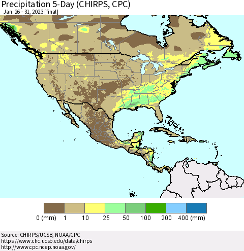 North America Precipitation 5-Day (CHIRPS) Thematic Map For 1/26/2023 - 1/31/2023