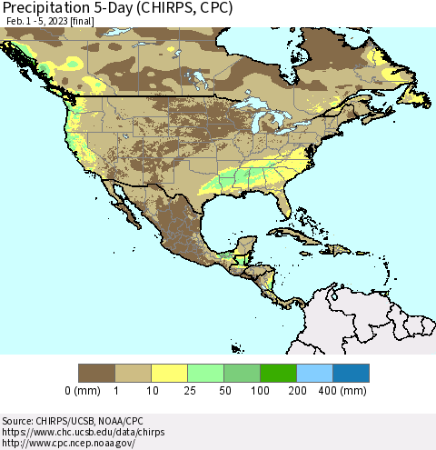 North America Precipitation 5-Day (CHIRPS) Thematic Map For 2/1/2023 - 2/5/2023