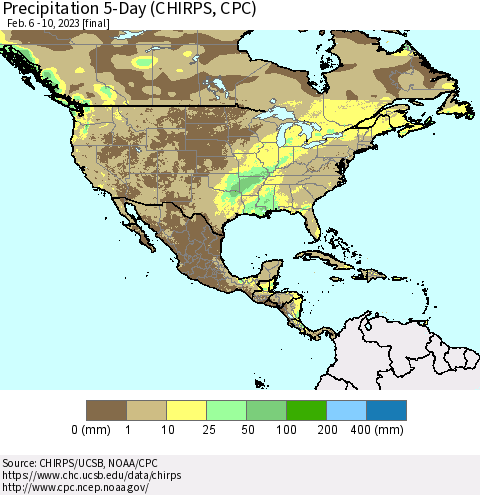 North America Precipitation 5-Day (CHIRPS) Thematic Map For 2/6/2023 - 2/10/2023