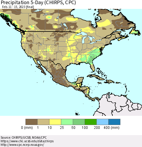 North America Precipitation 5-Day (CHIRPS) Thematic Map For 2/11/2023 - 2/15/2023