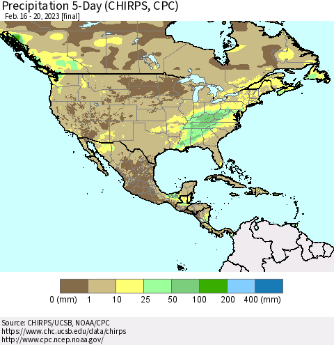 North America Precipitation 5-Day (CHIRPS) Thematic Map For 2/16/2023 - 2/20/2023