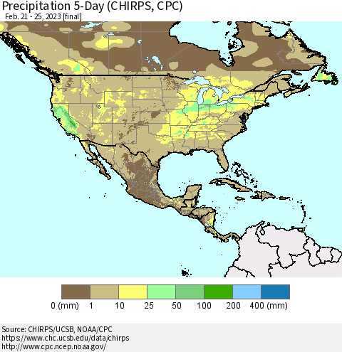 North America Precipitation 5-Day (CHIRPS) Thematic Map For 2/21/2023 - 2/25/2023