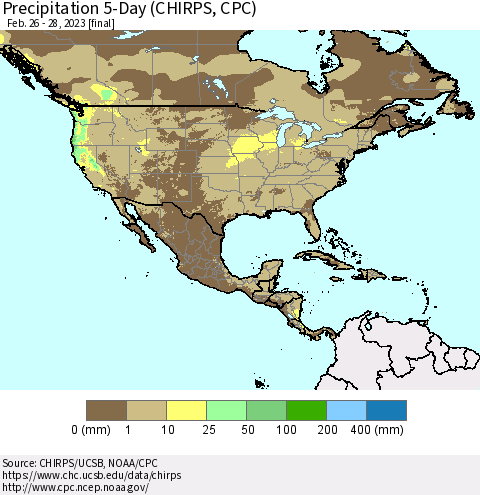 North America Precipitation 5-Day (CHIRPS) Thematic Map For 2/26/2023 - 2/28/2023