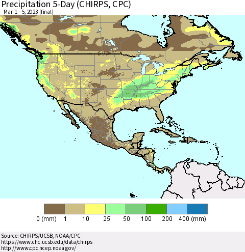 North America Precipitation 5-Day (CHIRPS) Thematic Map For 3/1/2023 - 3/5/2023