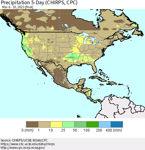 North America Precipitation 5-Day (CHIRPS) Thematic Map For 3/6/2023 - 3/10/2023