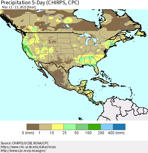 North America Precipitation 5-Day (CHIRPS) Thematic Map For 3/11/2023 - 3/15/2023