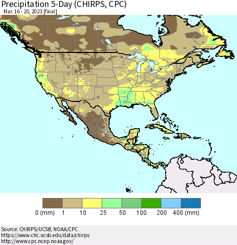 North America Precipitation 5-Day (CHIRPS) Thematic Map For 3/16/2023 - 3/20/2023