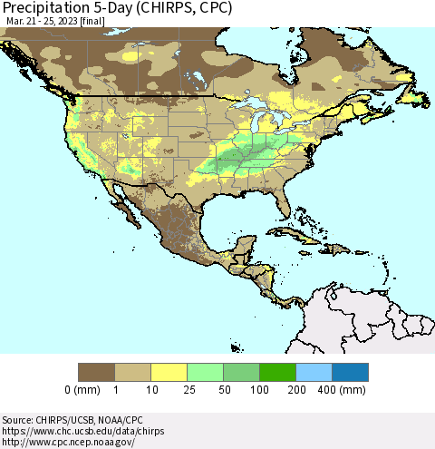 North America Precipitation 5-Day (CHIRPS) Thematic Map For 3/21/2023 - 3/25/2023