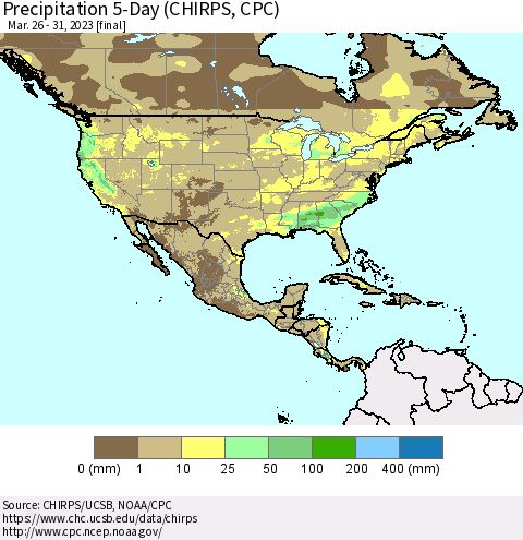 North America Precipitation 5-Day (CHIRPS) Thematic Map For 3/26/2023 - 3/31/2023