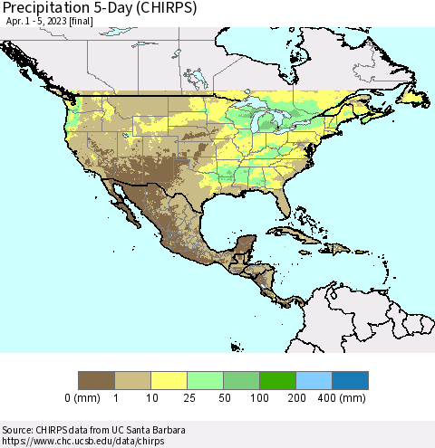 North America Precipitation 5-Day (CHIRPS) Thematic Map For 4/1/2023 - 4/5/2023