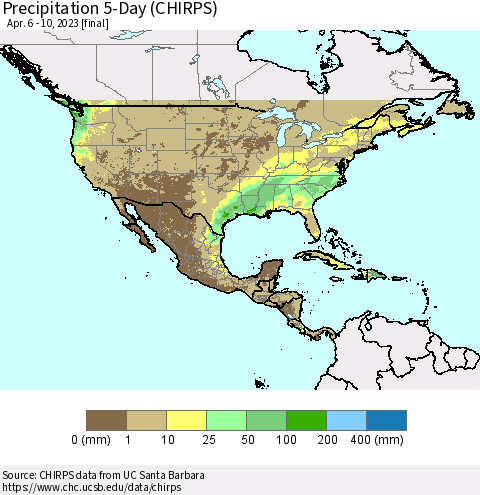 North America Precipitation 5-Day (CHIRPS) Thematic Map For 4/6/2023 - 4/10/2023