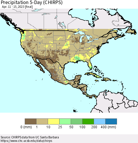 North America Precipitation 5-Day (CHIRPS) Thematic Map For 4/11/2023 - 4/15/2023