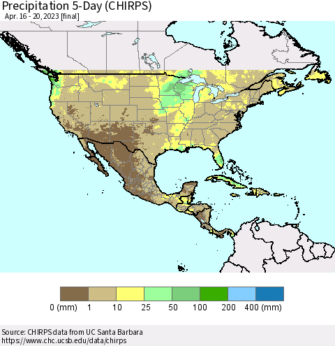 North America Precipitation 5-Day (CHIRPS) Thematic Map For 4/16/2023 - 4/20/2023