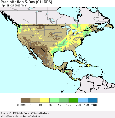 North America Precipitation 5-Day (CHIRPS) Thematic Map For 4/21/2023 - 4/25/2023