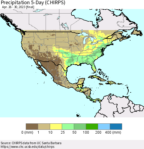 North America Precipitation 5-Day (CHIRPS) Thematic Map For 4/26/2023 - 4/30/2023