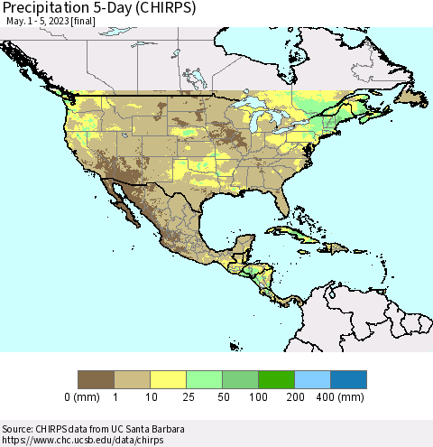 North America Precipitation 5-Day (CHIRPS) Thematic Map For 5/1/2023 - 5/5/2023