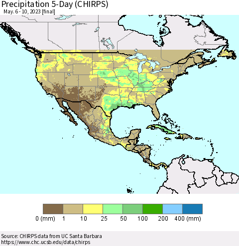 North America Precipitation 5-Day (CHIRPS) Thematic Map For 5/6/2023 - 5/10/2023